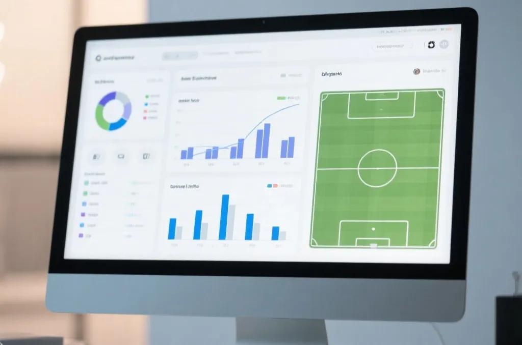 A modern sports analytics dashboard on a desktop screen displaying generic charts and match statistics
